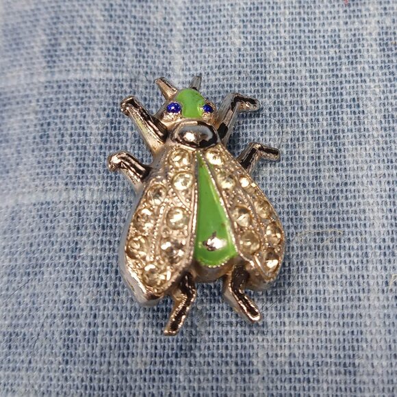 1950s Vintage Bug Pin with Clear Rhinestones and Green Enamel by Coro - Picture 2 of 5